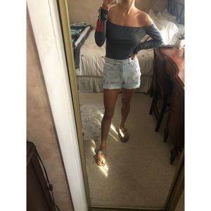 Bluish-gray off the shoulder long-sleeved top